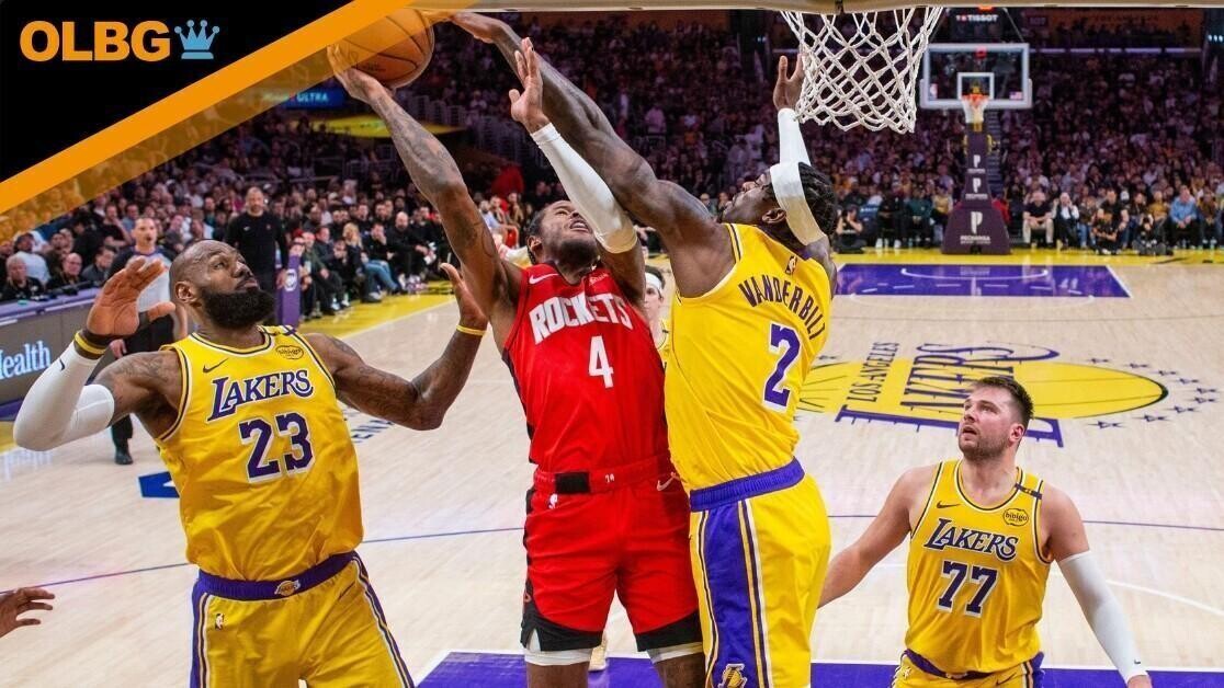 Houston Rockets' Jalen Green #4 shoots against Los Angeles Lakers' Jarred Vanderbilt #2 during an NBA basketball game at Crypto.com Arena on Friday, April 11, 2025 in Los Angeles