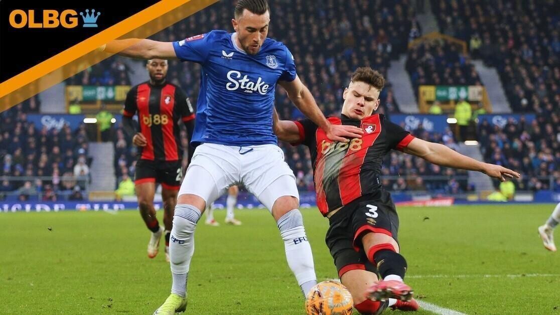 Milos Kerkez of Bournemouth (r) tackles Jack Harrison of Everton and gives away a free kick. Emirates FA Cup, 4th round match, Everton v Bournemouth at Goodison Park in Liverpool on Saturday 8th February 2025