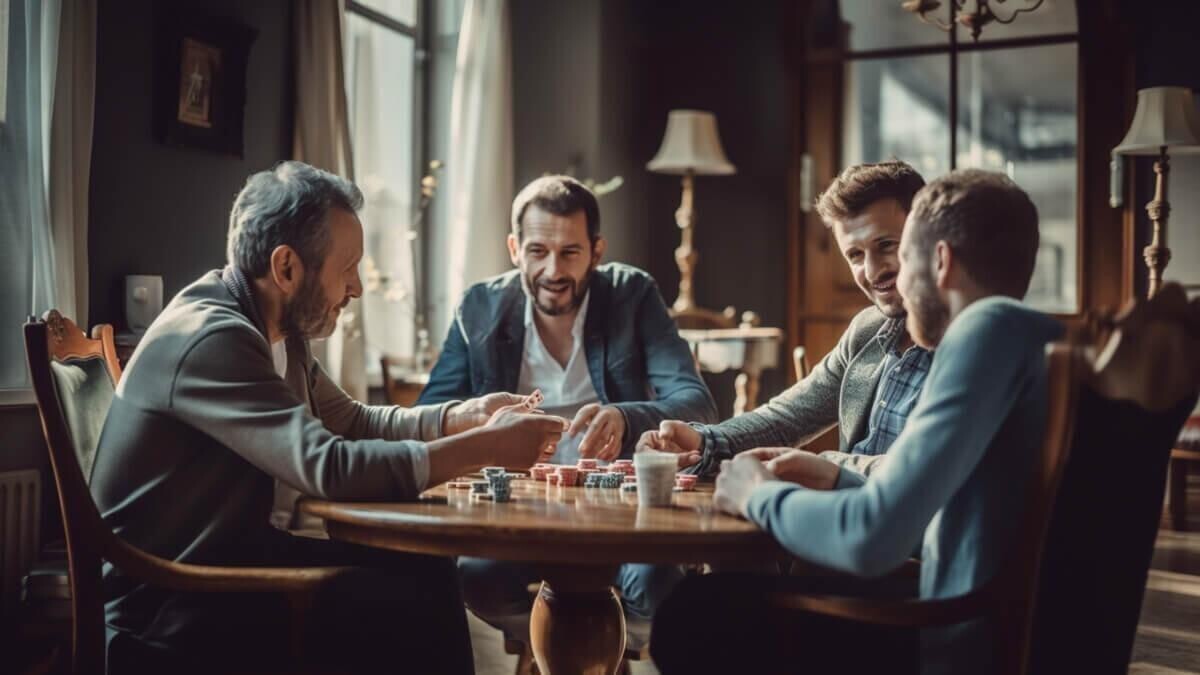 friends playing poker in the living room, they are relaxed