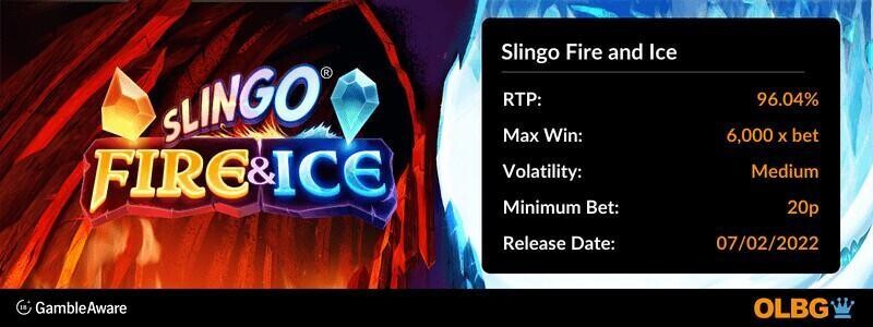 Slingo Fire and Ice game information banner: RTP, max win, volatility, minimum bet and release date