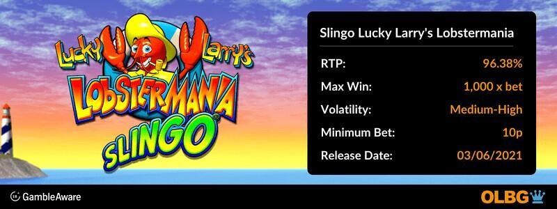 Slingo Lucky Larry's Lobstermania game information banner: RTP, max win, volatility, minimum bet and release date