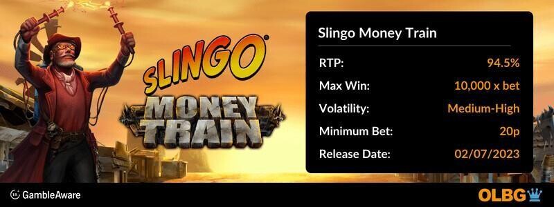 Slingo Money Train game information banner: RTP, max win, volatility, minimum bet and release date