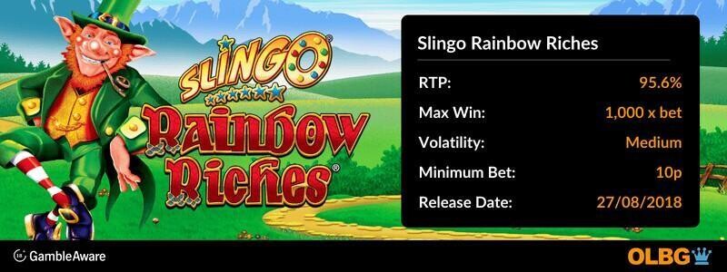 Slingo Rainbow Riches game information banner: RTP, max win, volatility, minimum bet and release date