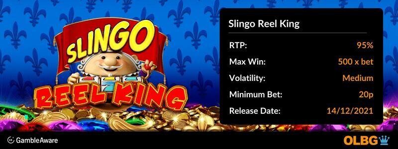 Slingo Reel King game information banner: RTP, max win, volatility, minimum bet and release date