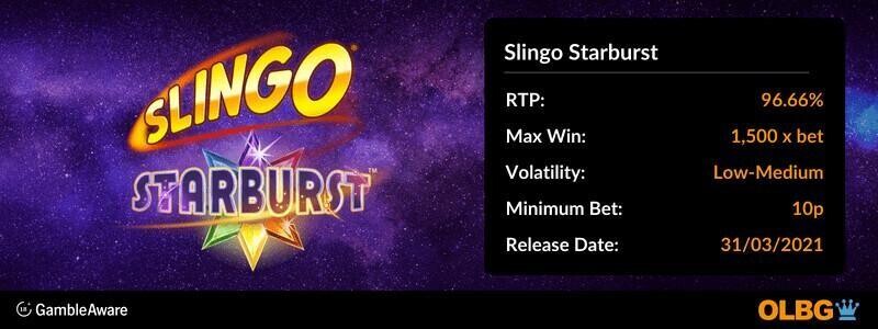 Slingo Starburst game information banner: RTP, max win, volatility, minimum bet and release date