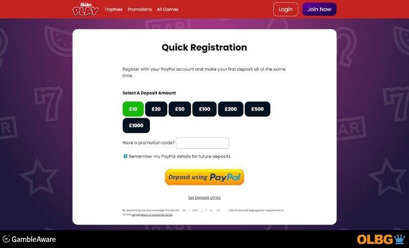 The Sun Play Casino PayPal Quick Registration feature screenshot