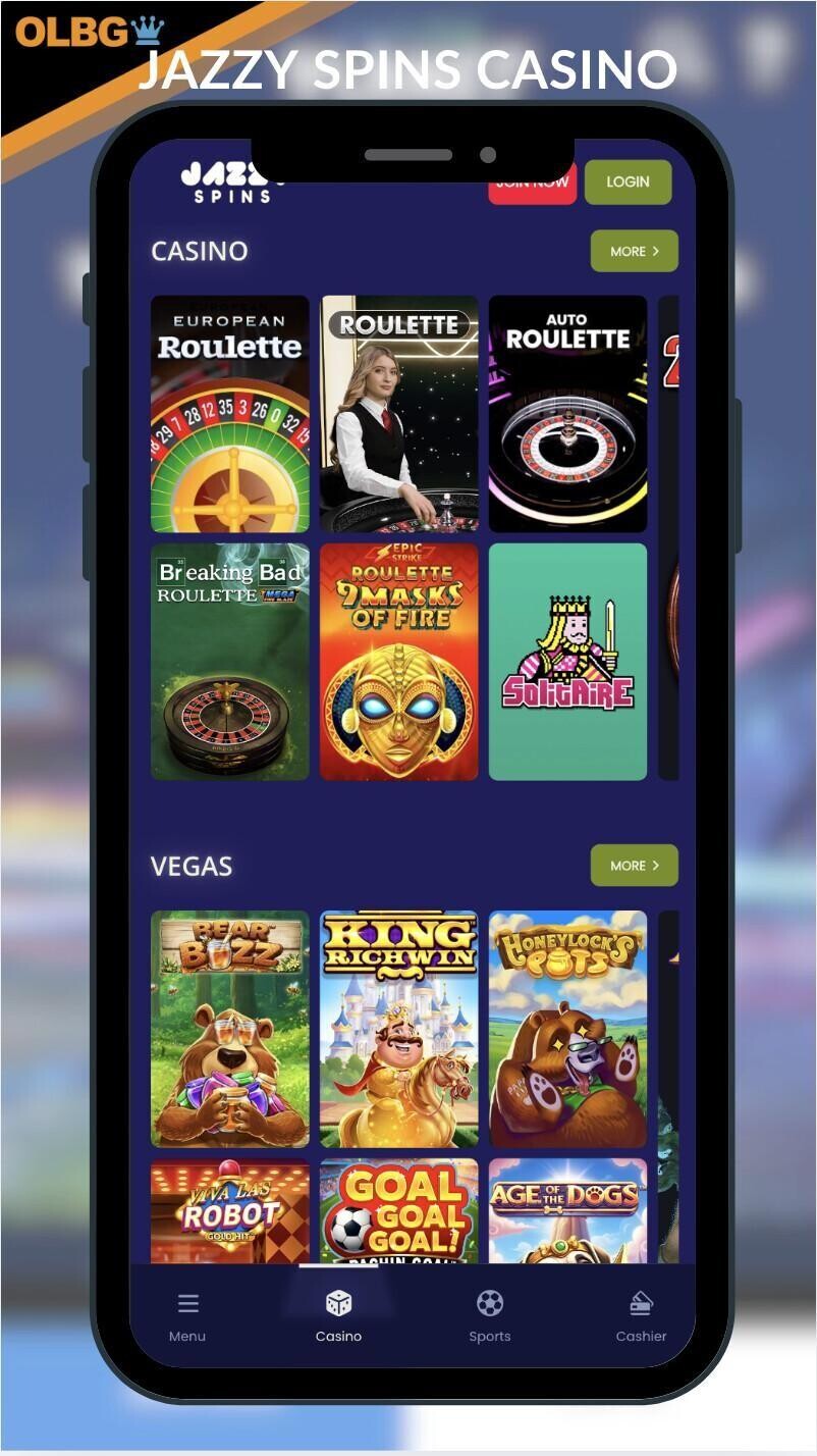 A mobile screenshot of the main lobby at Jazzy Spins Casino