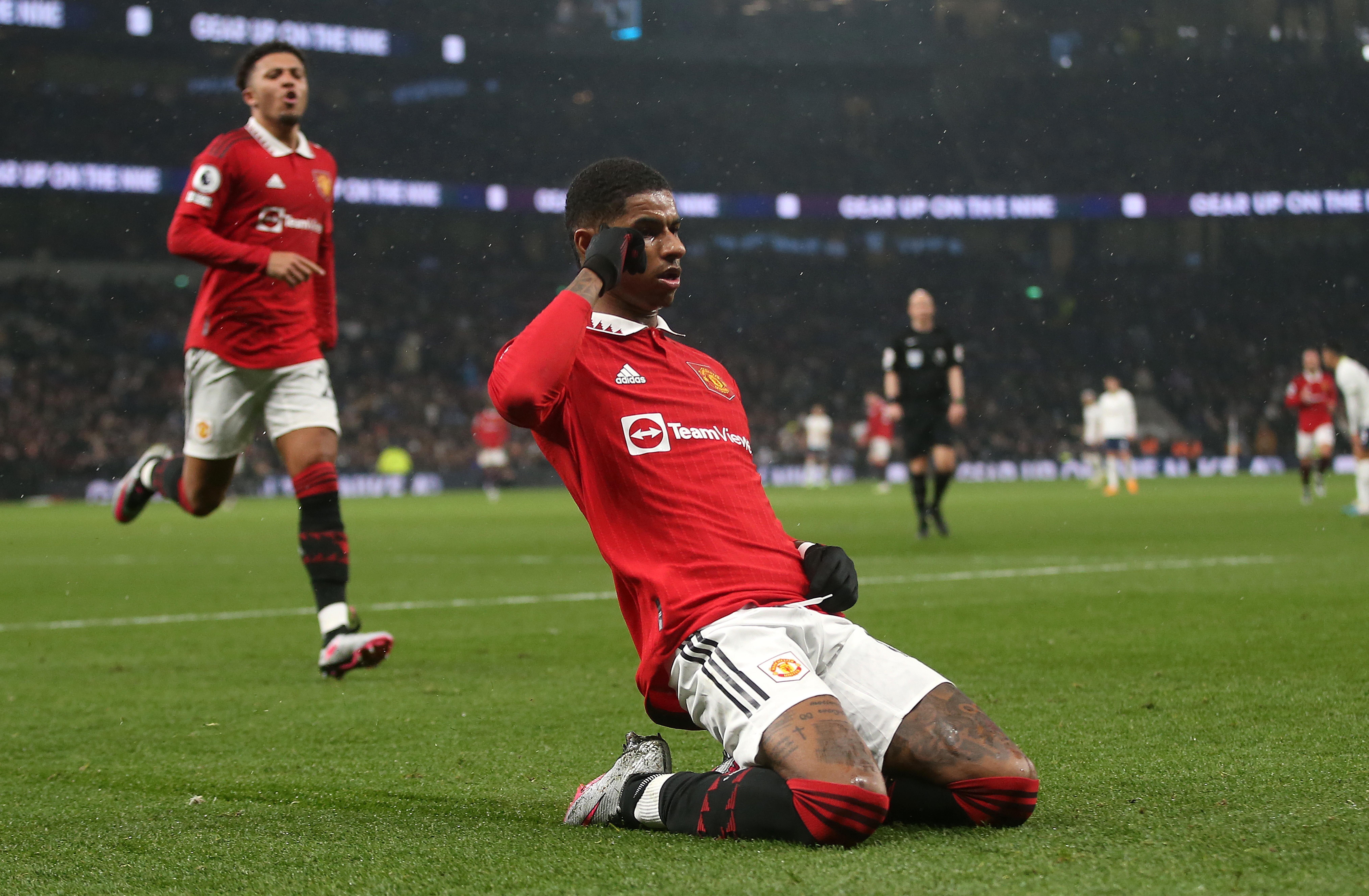 GOAL 2-0, Marcus Rashford of Manchester United goal celebration. - Tottenham Hotspur v Manchester United, Premier League, Tottenham Hotspur Stadium, London, UK - 27th April 2023.