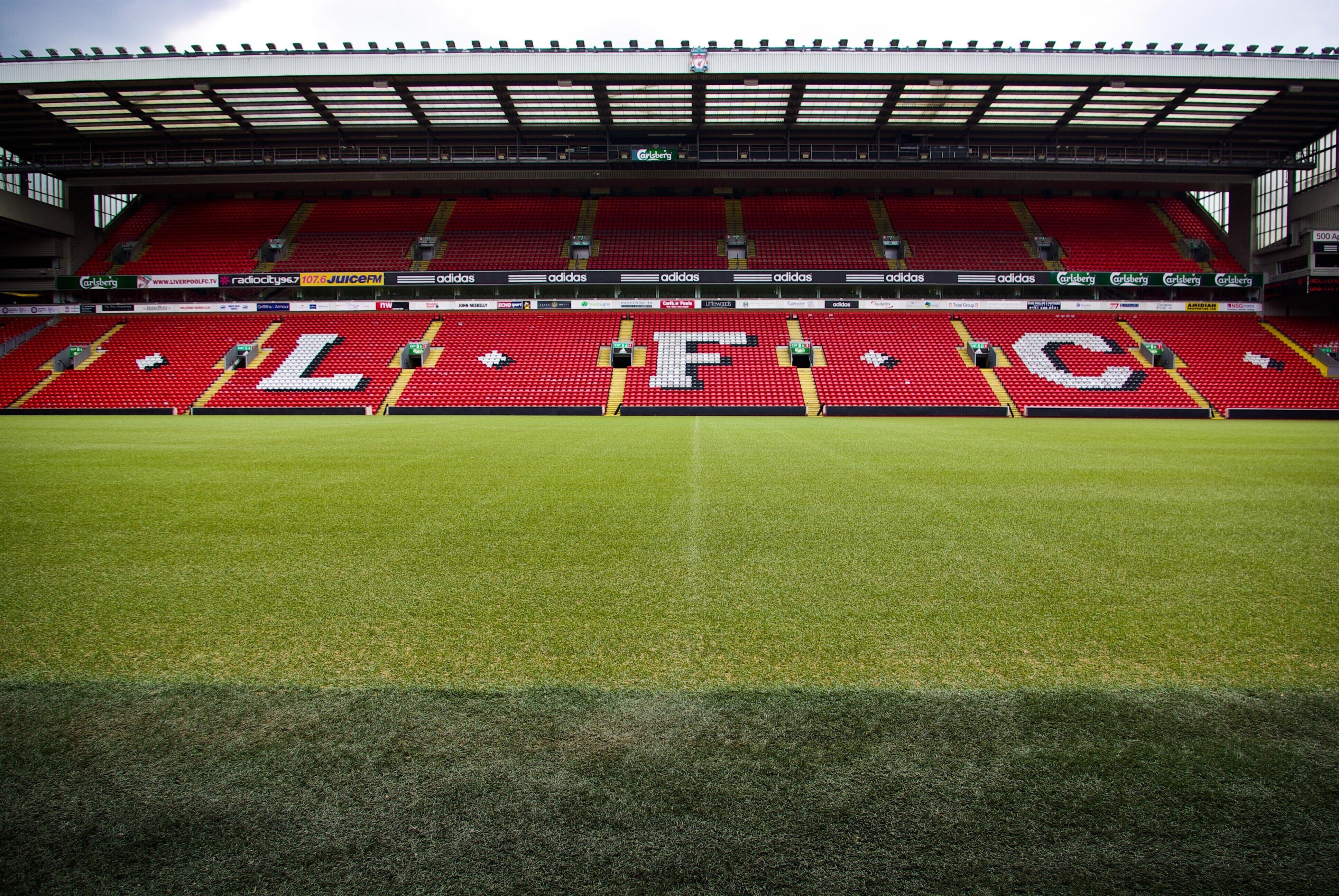 a picture of one of the main stands at Anfield stadium