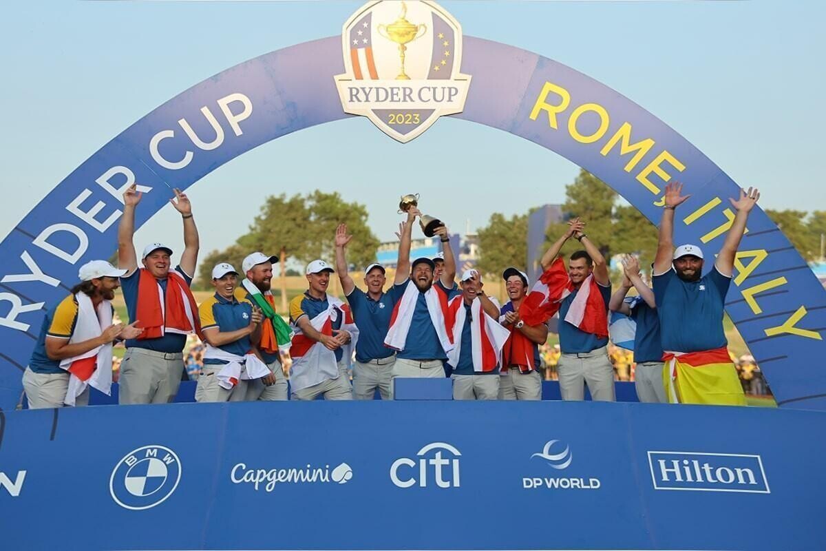 Rome, Italy 01.10.2023: Jon RAHM with cup during Award ceremony, Europe team win trophy after singles matches RYDER CUP 2023 at Marco Simone Golf
