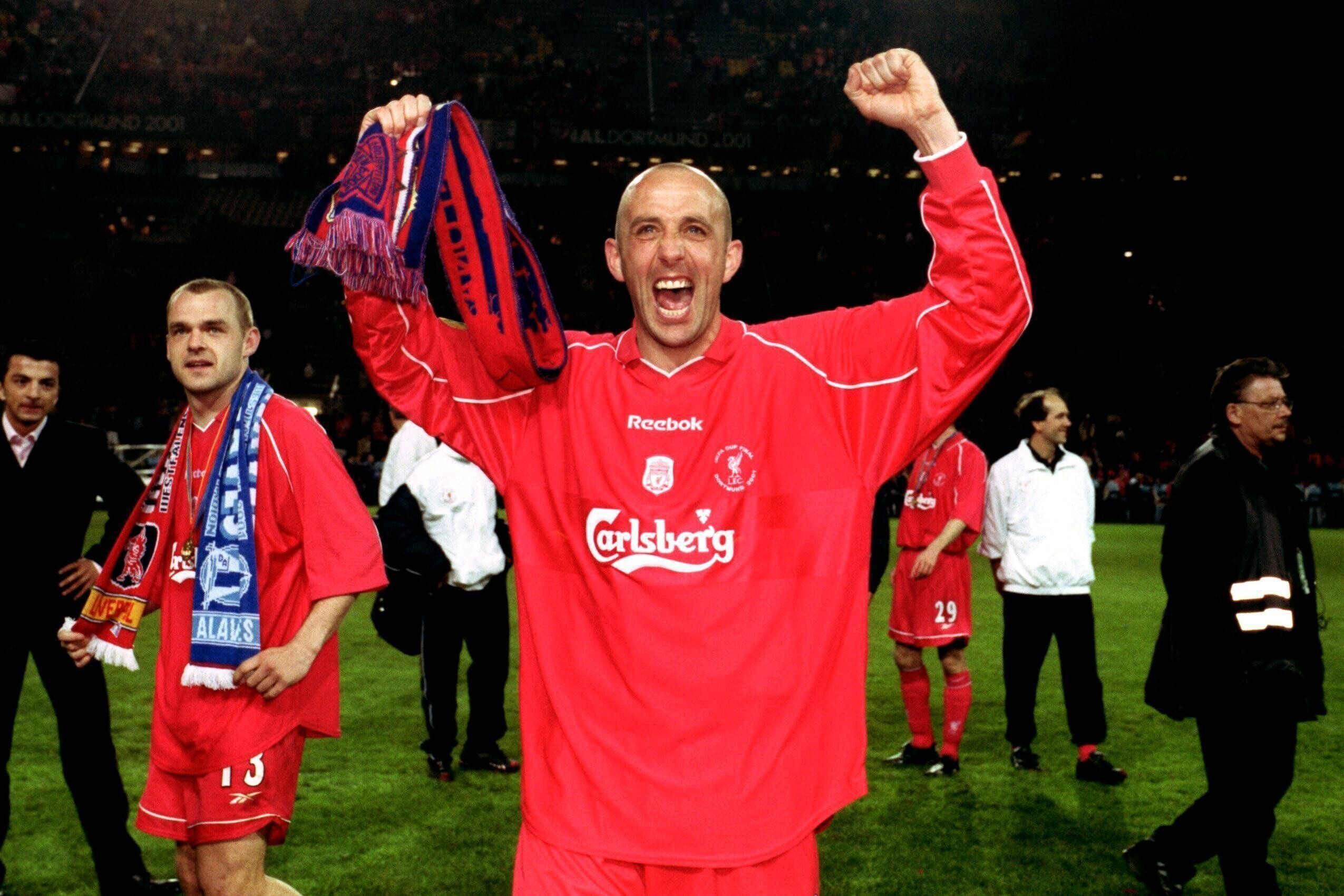 Gary McAlister celebrating after winning in Europe for Liverpool against Alves