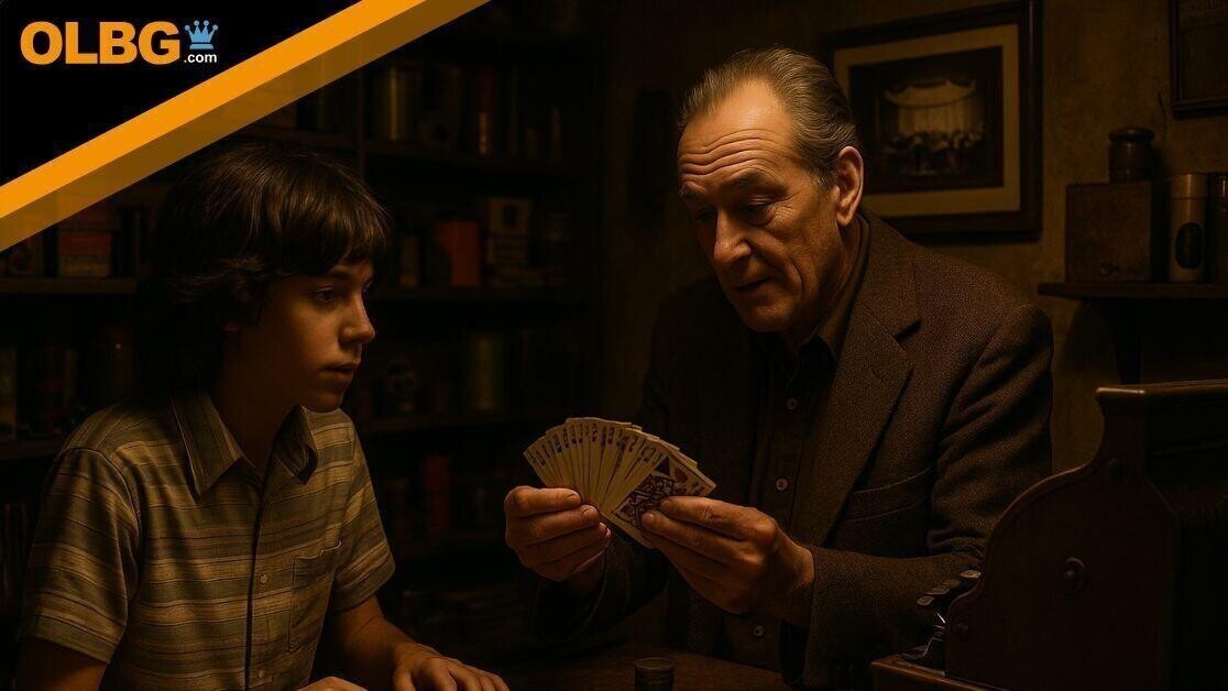 In a warmly lit, vintage magic shop, a young boy watches intently as an older man fans out a deck of playing cards. The table between them holds various magic props, and the background is filled with shelves of antique items, creating an atmosphere of mystery and mentorship.