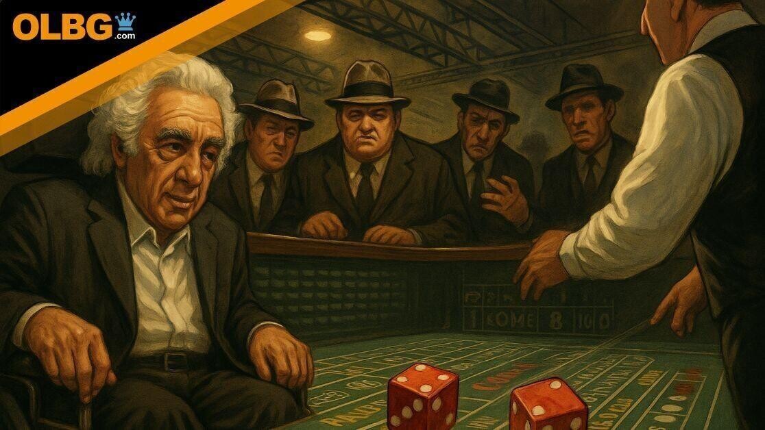 A vintage-style craps table scene where a man in a wheelchair is pushed close to the table's edge. Subtle electronic components and wires are hidden beneath, suggesting a concealed magnetic cheating setup. Two players lean in, obscuring the dealer’s view.