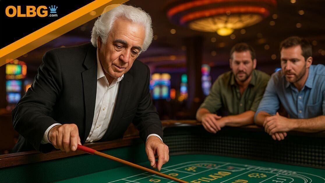 A mature craps dealer in a casino uses a wooden dice stick to move red dice across the felt table, closely watched by two players leaning forward in anticipation under glowing casino lights.