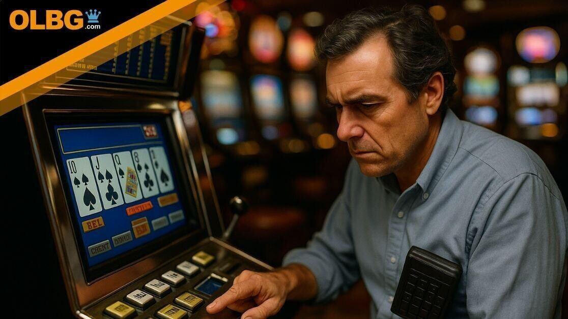 A middle-aged man in a dimly lit casino discreetly observes a video poker machine, his arm subtly concealing a homemade keypad device. In the background, other machines glow with animated cards and flashing lights, capturing the ambiance of a late-night gaming floor.