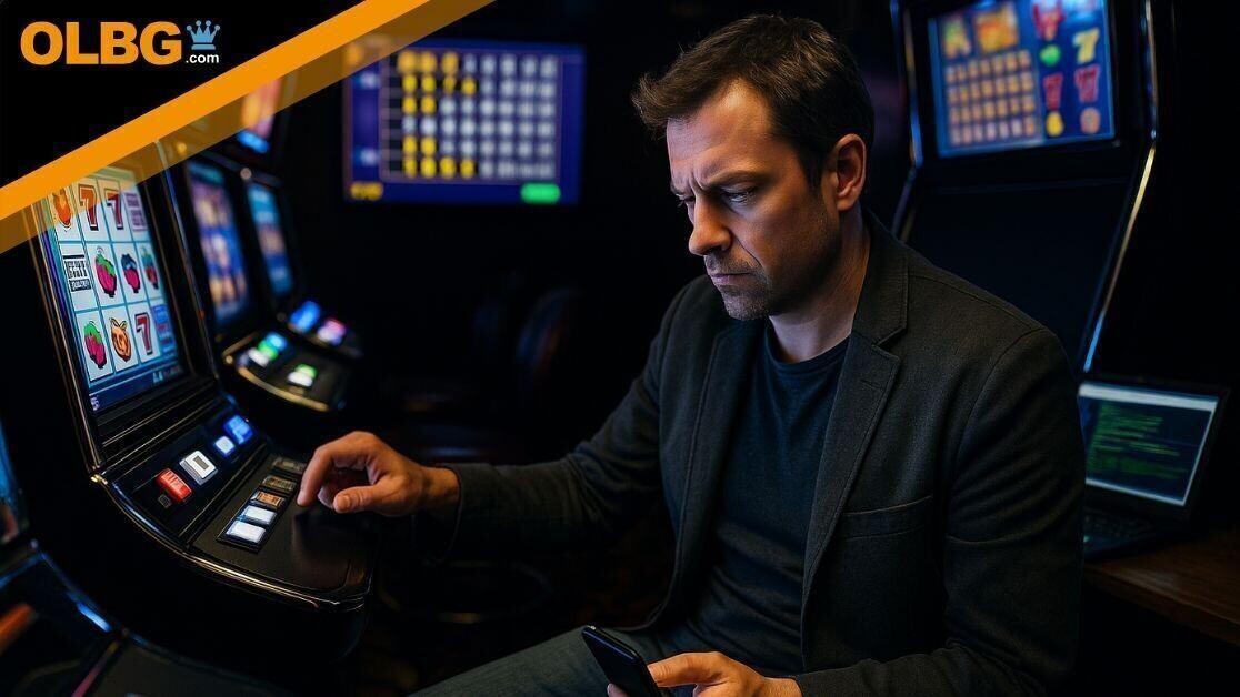 -skinned man sits at a row of slot machines in a dimly lit casino, holding a smartphone in one hand and pressing the machine’s buttons with the other. A laptop with suspicious software runs behind him, hinting at coordinated slot manipulation.