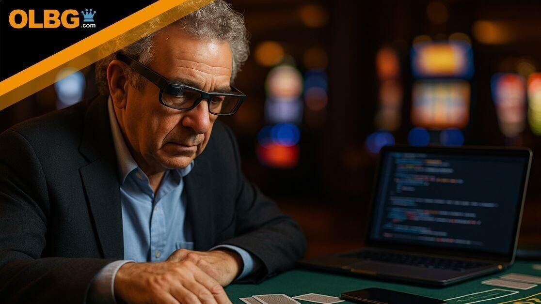 A middle-aged man with curly gray hair wears smart glasses while concentrating on a casino card game. A laptop displaying code and a smartphone rest on the table beside playing cards and chips. The background shows blurred slot machines under warm casino lighting.