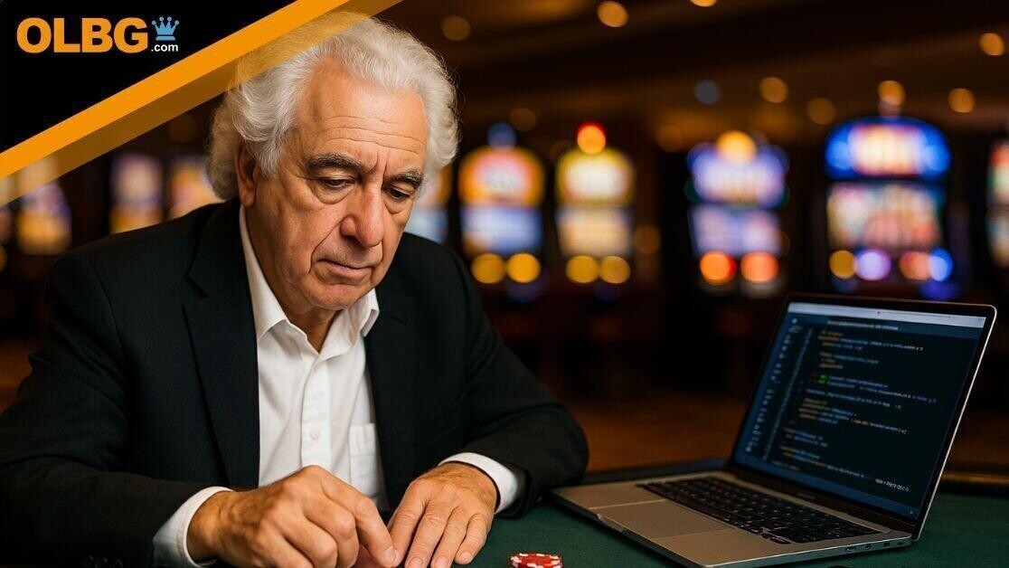 An older Caucasian man in a casino leans thoughtfully over a blackjack table, chips and cards spread before him. In the background, a slot machine flickers, and a blurred figure observes from a distance, suggesting the dual nature of gambling threats in table and machine play.