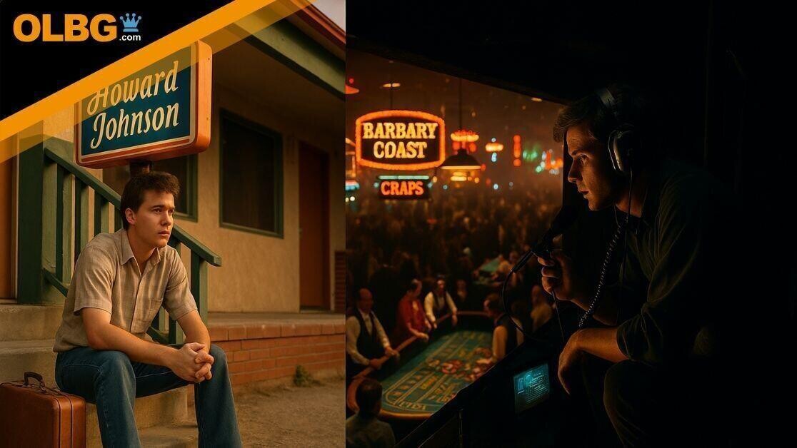 A split-scene photograph shows a young man sitting pensively on the steps of a Howard Johnson motel in rural Kansas at sunset, with a suitcase by his side. On the right side, the same man is perched above a smoky, neon-lit Las Vegas casino, wearing a headset and watching a bustling craps table from a surveillance catwalk labeled "Barbary Coast.