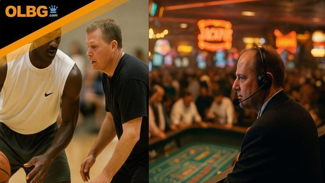 A diptych photograph is divided into two scenes. On the left, a younger man plays one-on-one basketball against Michael Jordan on an indoor court. On the right, an older man in a suit wearing a headset watches over a vibrant, crowded casino floor, standing at a craps table labeled “Barbary Coast.”