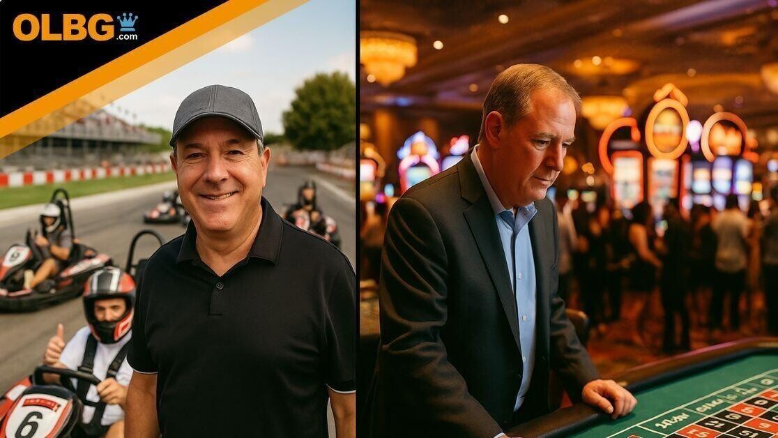 A diptych photograph features two scenes capturing the lifestyle of a high-end casino host. On the left, the host smiles casually in a black polo shirt while standing at a go-kart track with racers behind him. On the right, he is suited up, intently observing a roulette table in a luxurious, neon-lit casino surrounded by guests and slot machines.