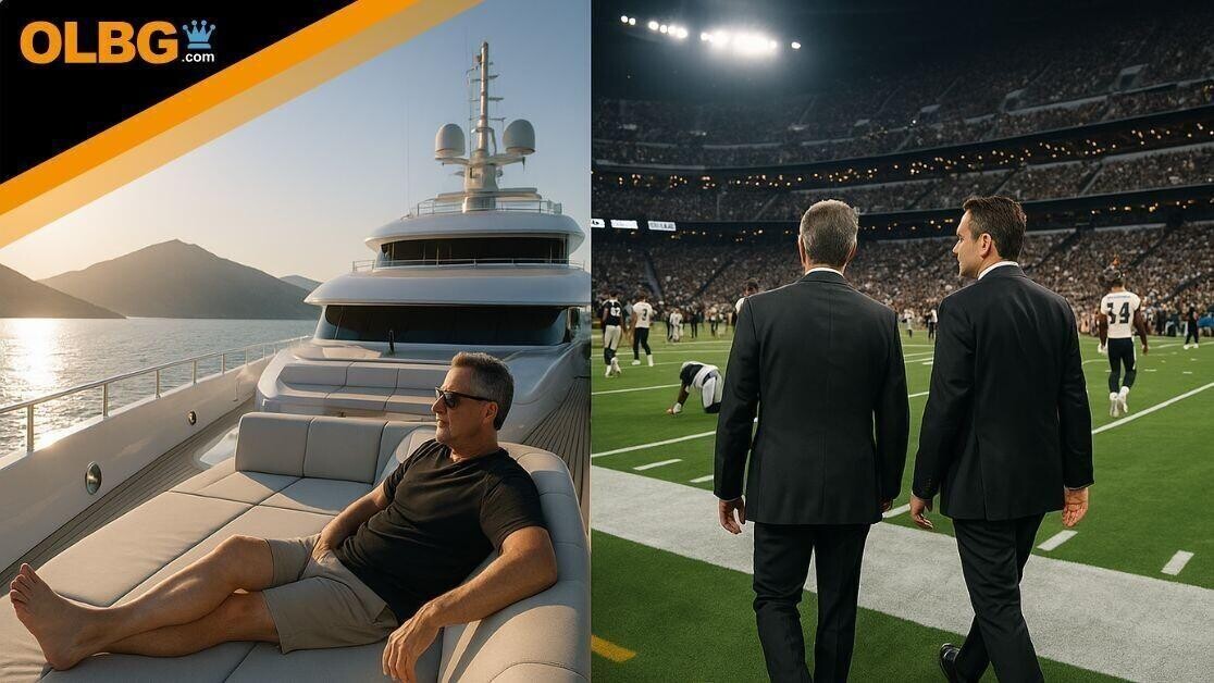 A diptych photograph captures two contrasting scenes. On the left, a man lounges on the deck of a luxurious 200ft private yacht cruising through the Greek islands at sunset. On the right, the same man in a black suit walks alongside another suited guest on the field of Allegiant Stadium as football players warm up in the background under bright stadium lights.