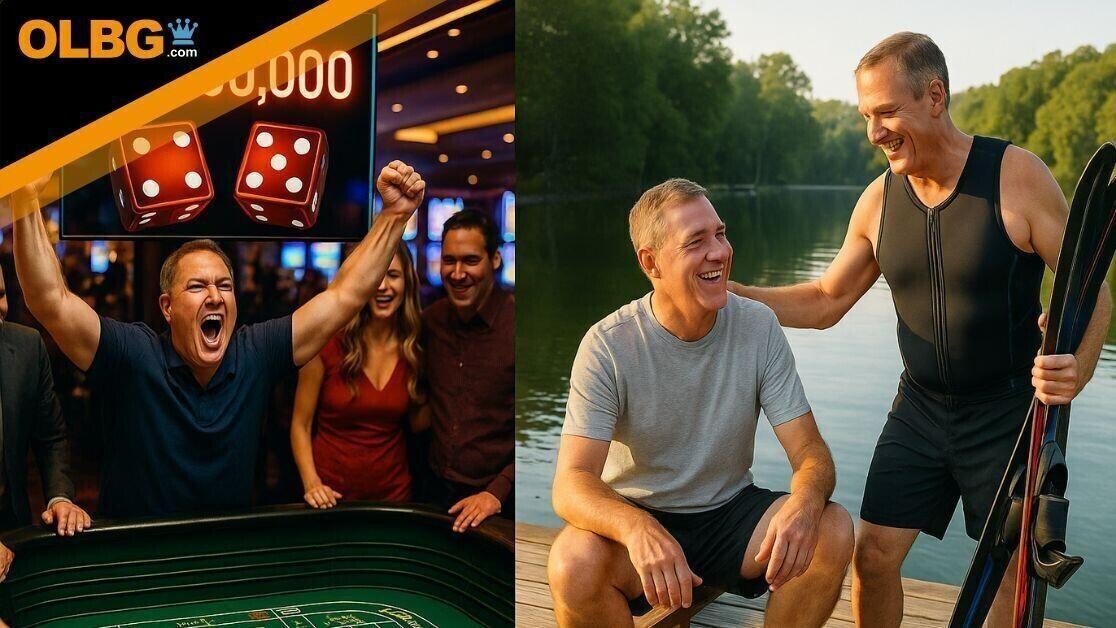 A diptych of two photographs side-by-side. On the left, a man at a lively casino craps table throws his hands up in jubilation with a digital sign overhead displaying "$5,000,000" and a dice graphic, surrounded by cheering guests. On the right, the same man is in a wetsuit, laughing with a friend on a serene lakeside dock while holding a pair of water skis.