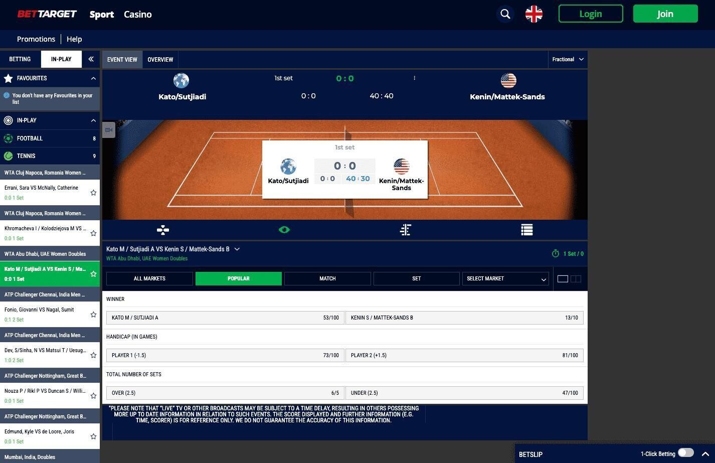 Bet Target tennis betting page