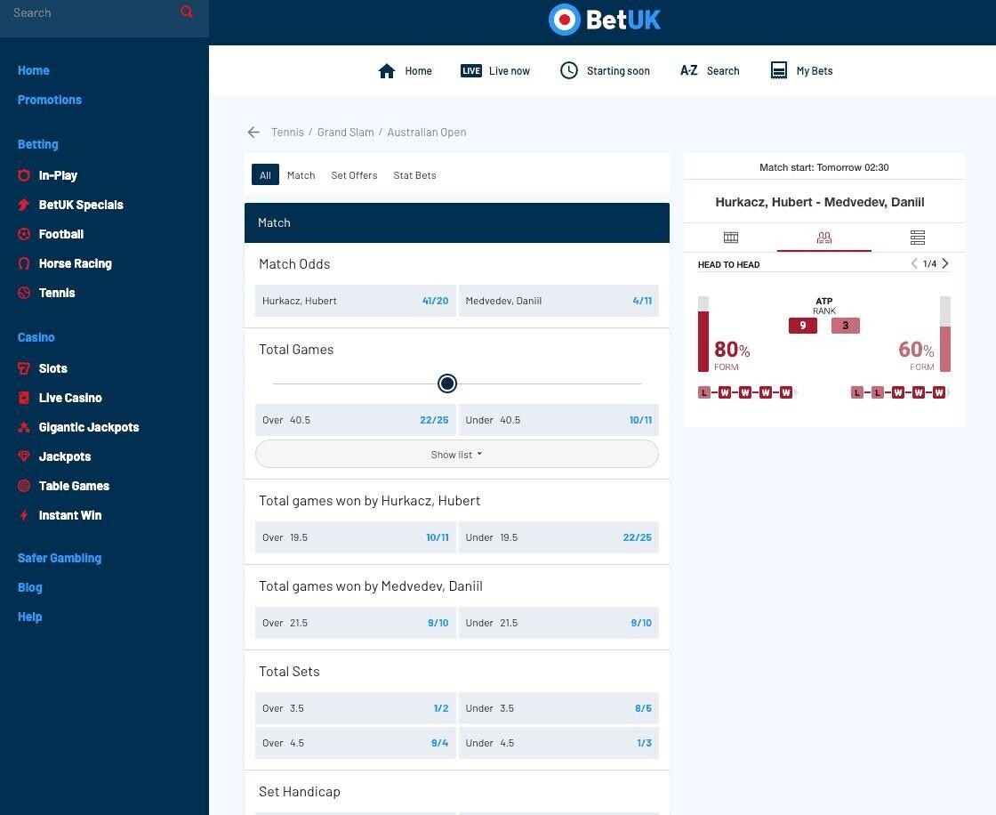 BetUK tennis betting page