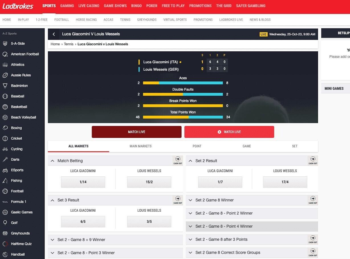 Ladbrokes in-play tennis betting