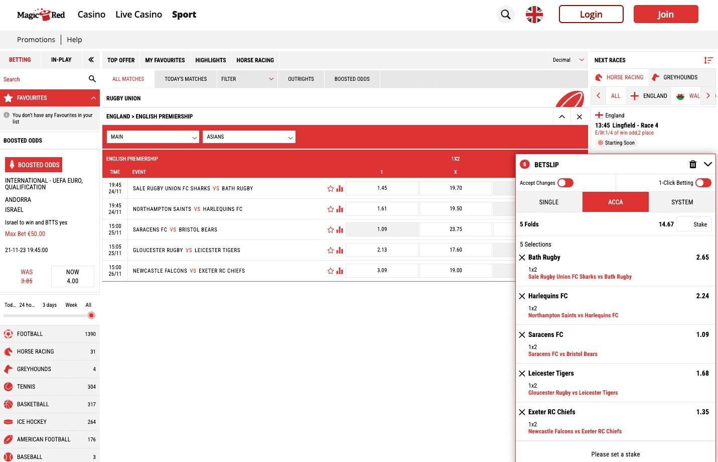MagicRed Sports rugby betting page