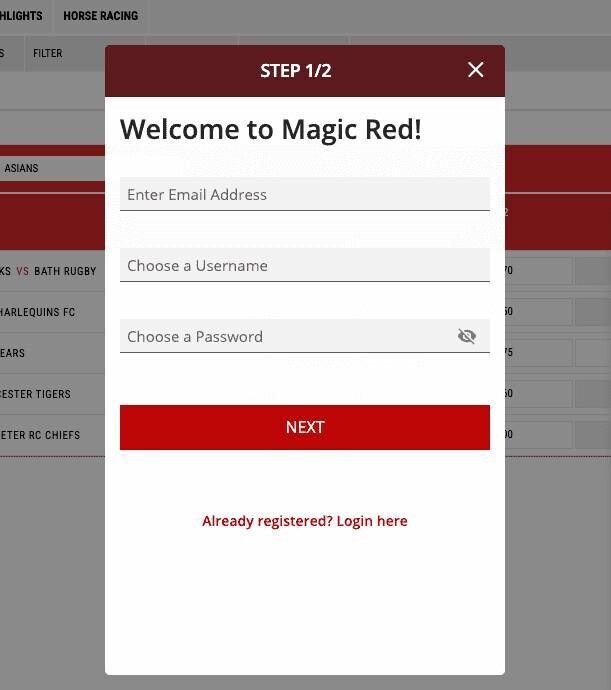 MagicRed Sports sign up page 1