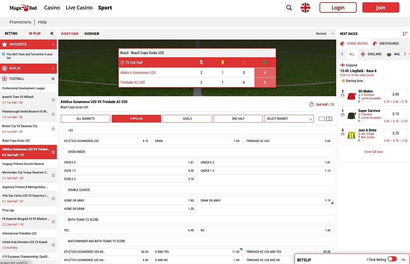 MagicRed Sports in-play betting page