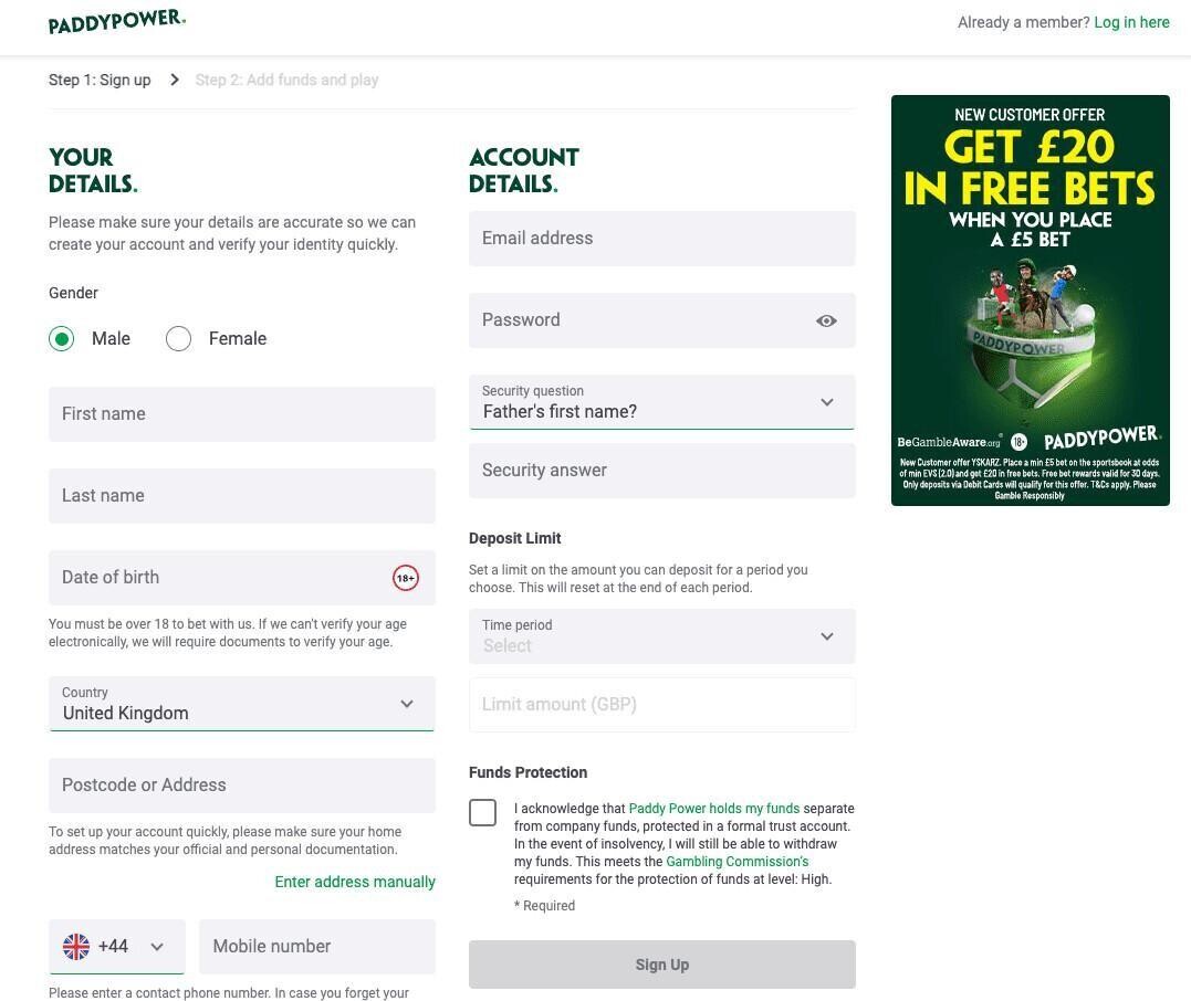 Paddy Power sign up page