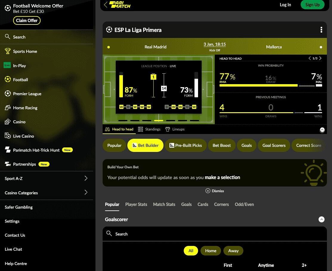 Parimatch bet builder page
