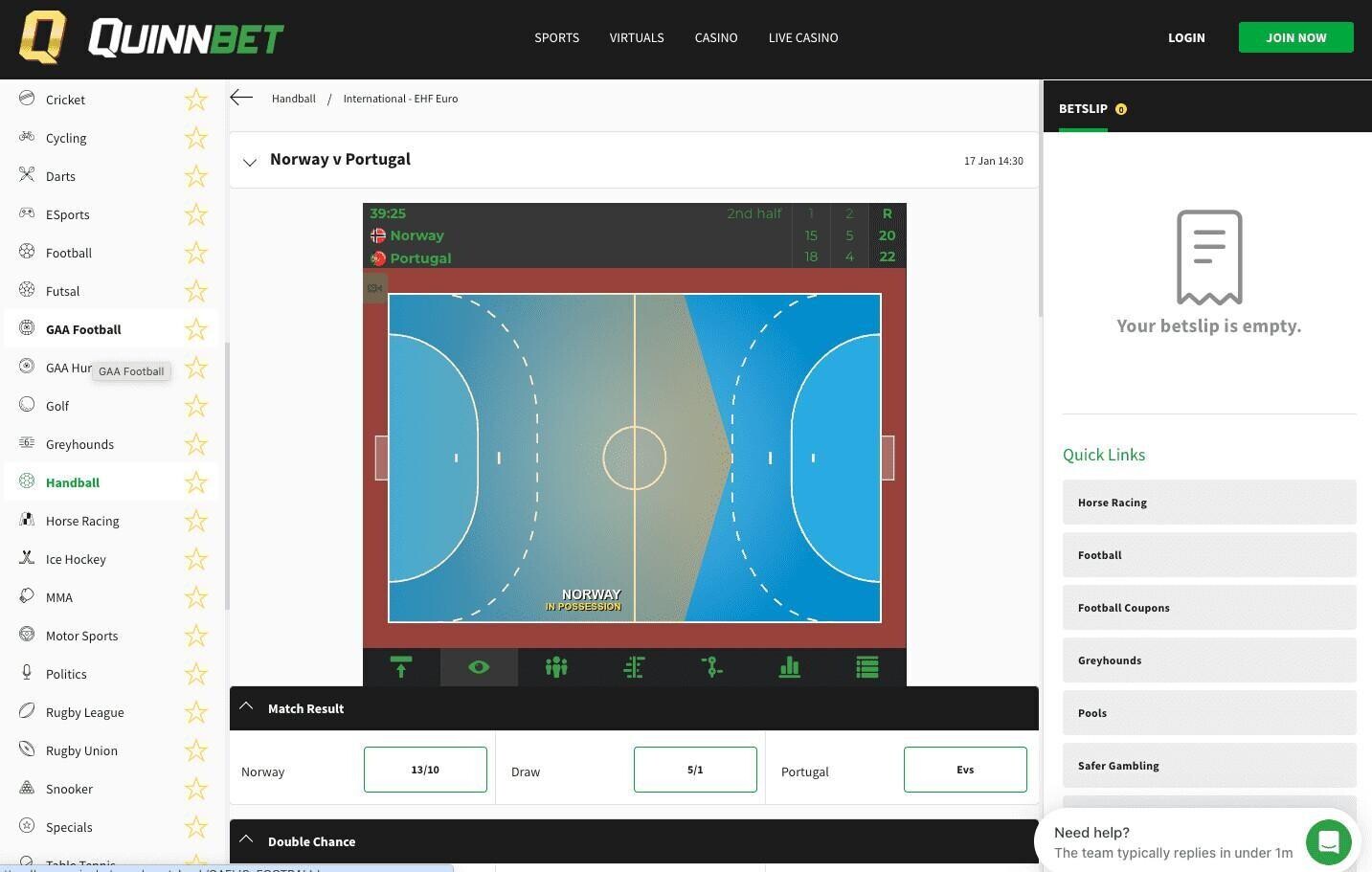 QuinnBet handball betting page