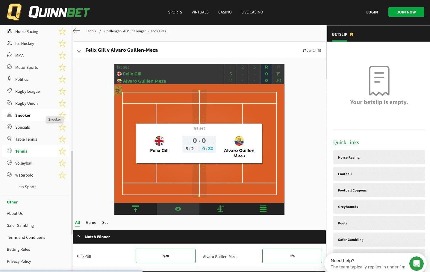 QuinnBet tennis betting page