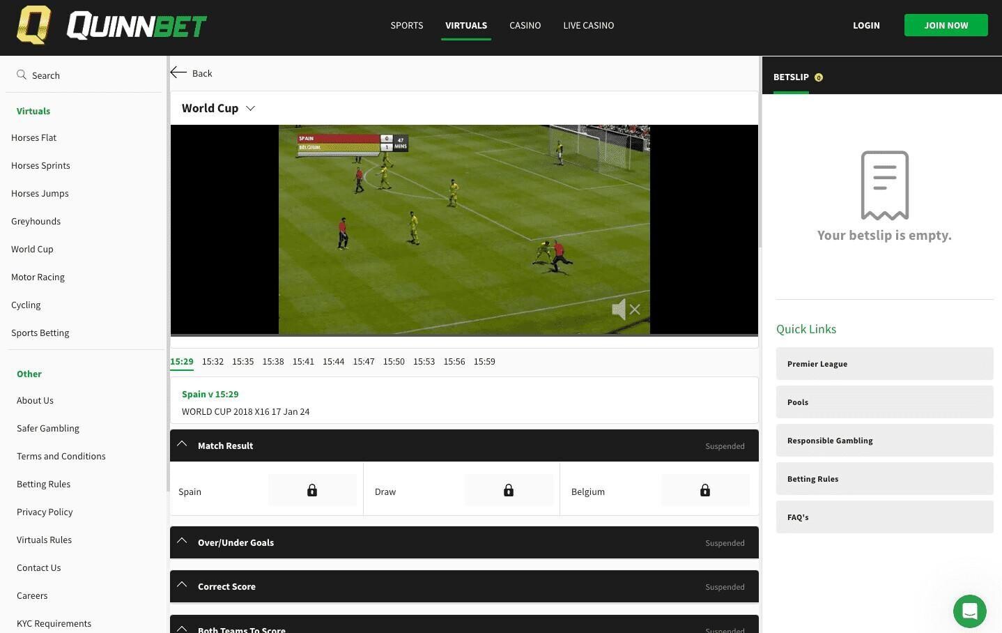 QuinnBet virtual sports betting page