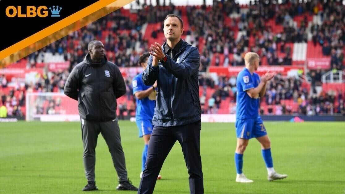 Chris Davies, manager of Birmingham City applauds his teams supporters following a 1-0 defeat during the Sky Bet Championship match between Stoke City and Birmingham City at the Britannia Stadium, Stoke-on-Trent on Saturday 13th September 2025.