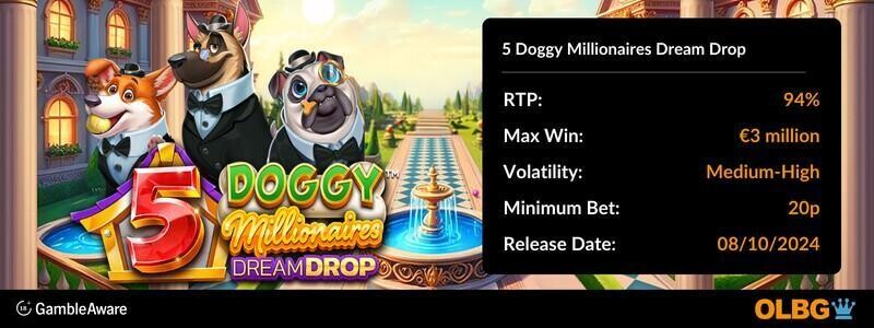 5 Doggy Millionaires Dream Drop slot information banner: RTP, max win, volatility, minimum bet and release date