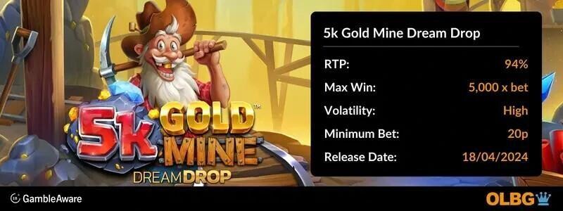 5k Gold Mine Dream Drop slot information banner: RTP, max win, volatility, minimum bet and release date