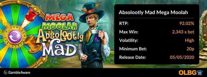 Absolootly Mad Mega Moolah slot information banner: RTP, max win, volatility, minimum bet and release date