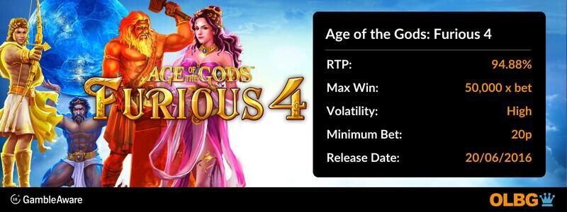 Age of the Gods: Furious 4 slot information banner: RTP, max win, volatility, minimum bet and release date