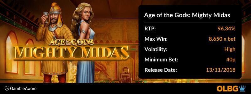 Spanduk informasi slot Age of the Gods: Mighty Midas: RTP, kemenangan maksimal, volatilitas, taruhan minimum, dan tanggal rilis