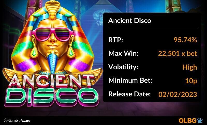 Ancient Disco slot information banner: RTP, max win, volatility, minimum bet and release date