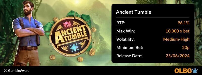 Ancient Tumble slot information banner: RTP, max win, volatility, minimum bet and release date