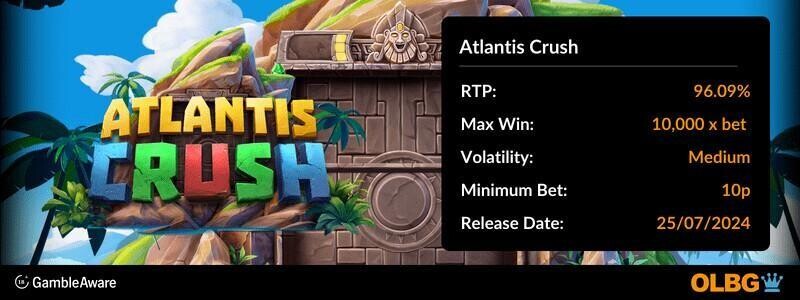 Atlantis Crush slot information banner: RTP, max win, volatility, minimum bet and release date