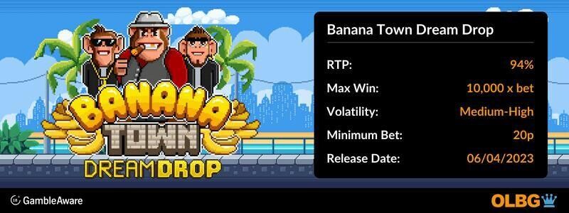 Banana Town Dream Drop slot information banner: RTP, max win, volatility, minimum bet and release date
