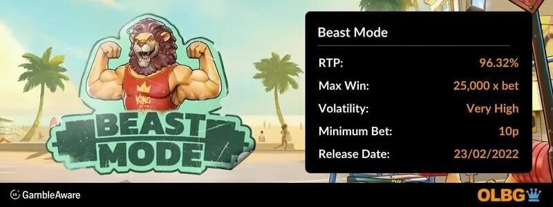 Beast Mode slot information banner: RTP, max win, volatility, minimum bet and release date