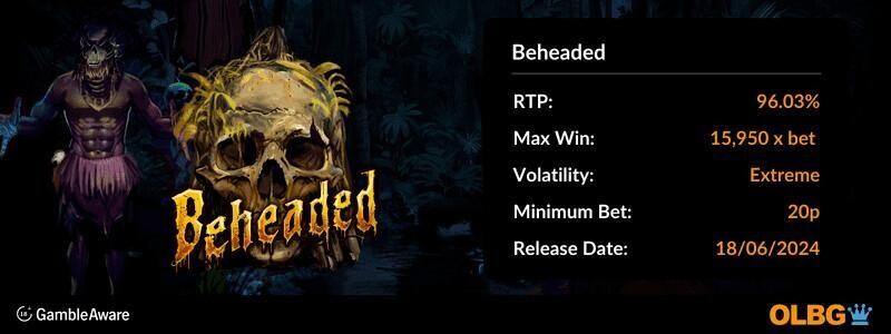 Beheaded slot information banner: RTP, max win, volatility, minimum bet and release date